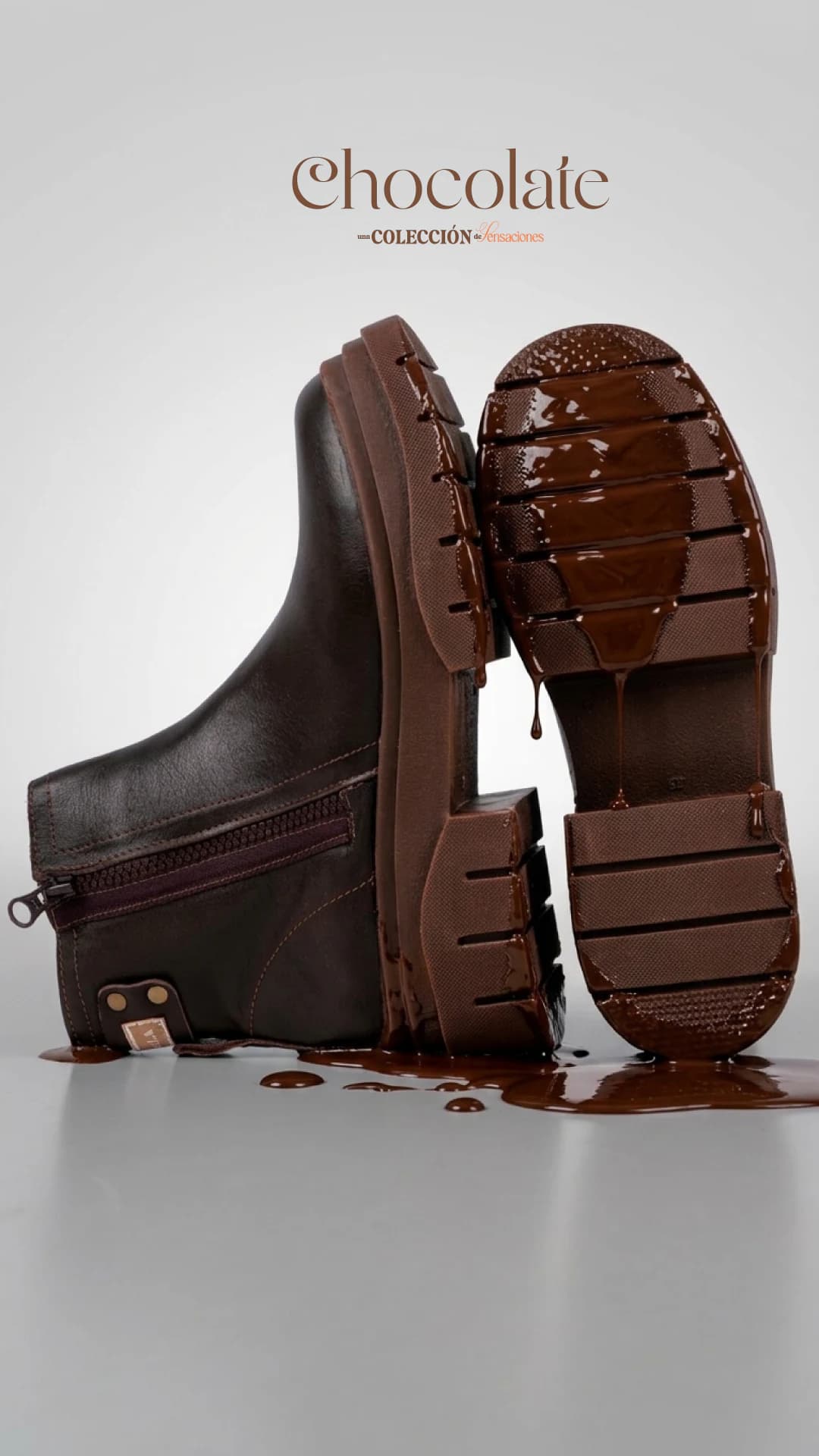 Pieza de la colección Chocolate: botas de cuero con chocolate derretido cayendo sobre la suela