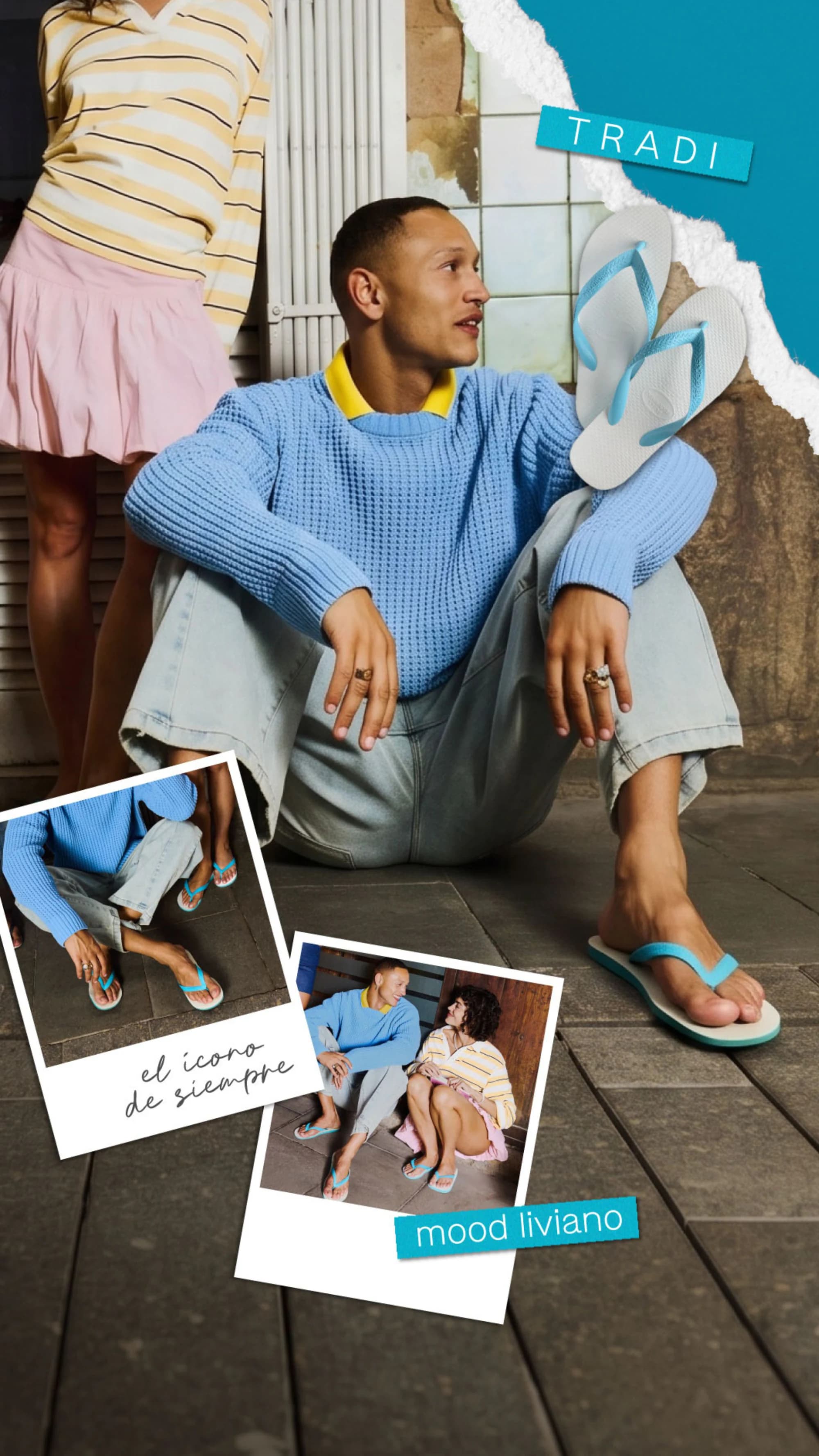 Collage de historia con fotos de la campaña y las etiquetas «el ícono de siempre» y «mood liviano»