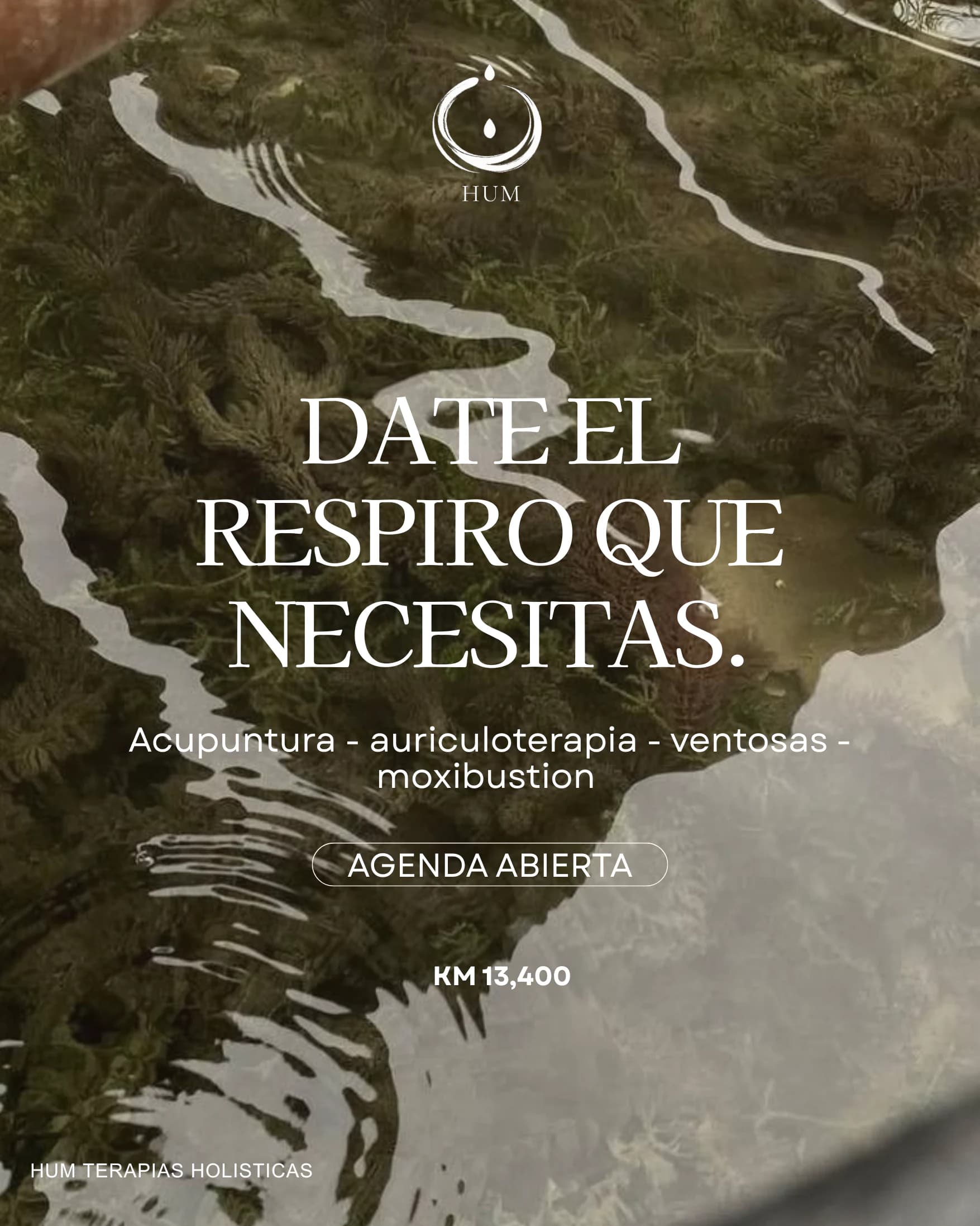 Pieza sobre un fondo verde de bosque y agua: «Date el respiro que necesitas», con las terapias y la agenda abierta