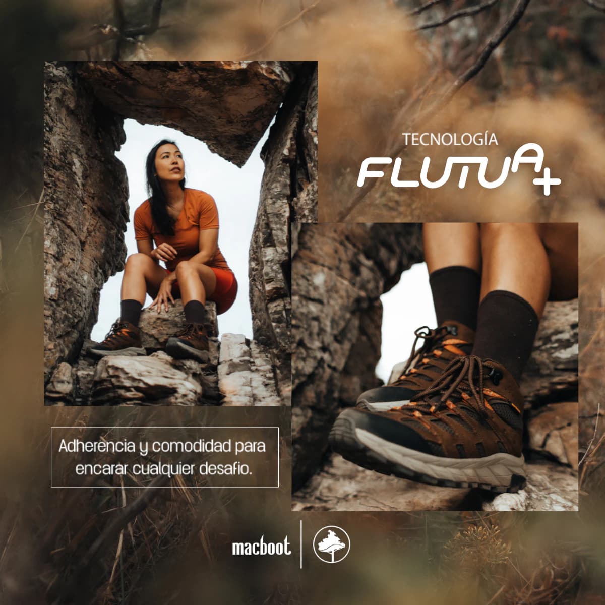 Pieza de la tecnología Flutua+: una mujer entre rocas y el detalle de la zapatilla de trekking