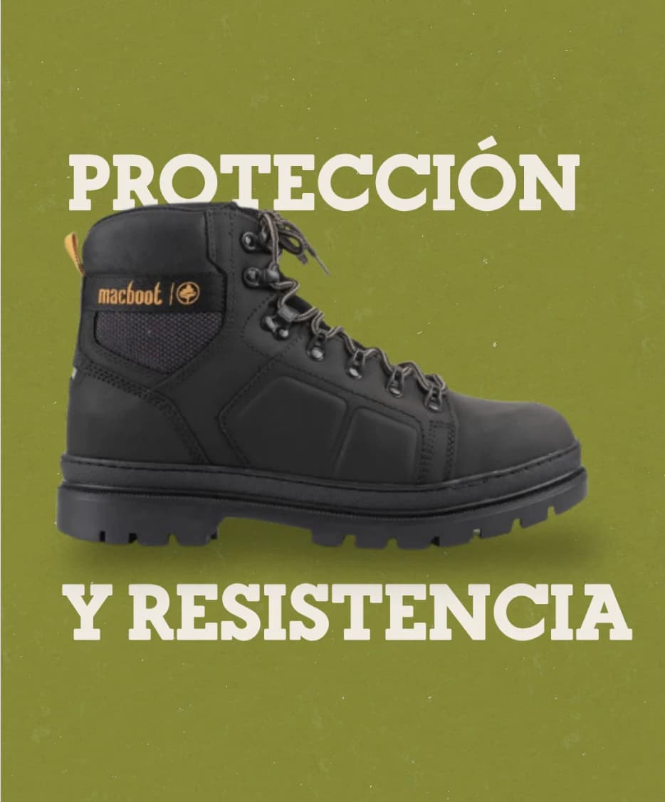 Pieza sobre fondo verde: una bota negra de trekking con el título «Protección y resistencia»