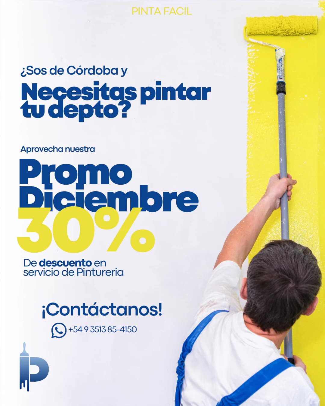 Pieza promocional: un pintor con rodillo y la promo de diciembre con 30% de descuento