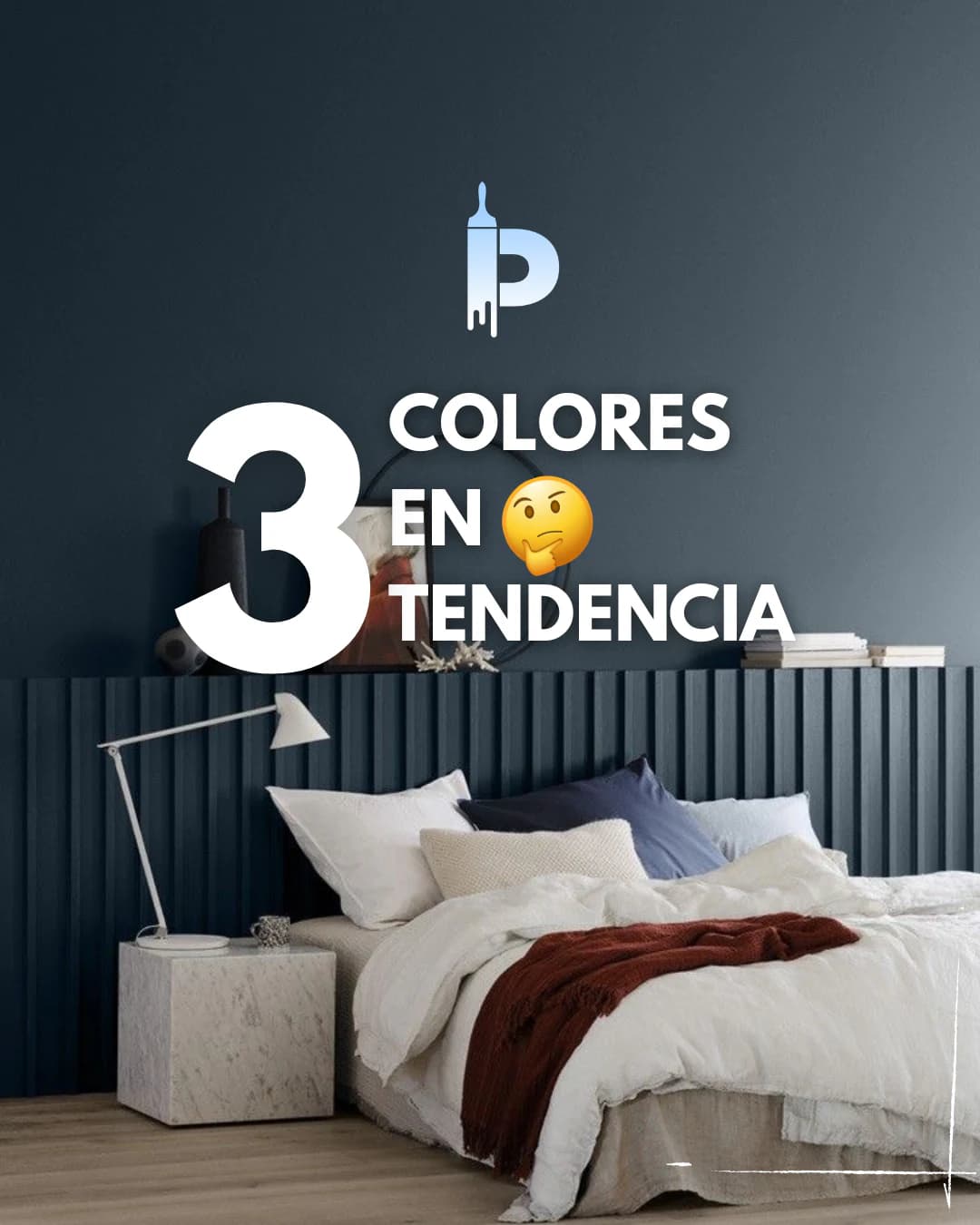 Pieza de contenido: un dormitorio azul con el título «3 colores en tendencia»