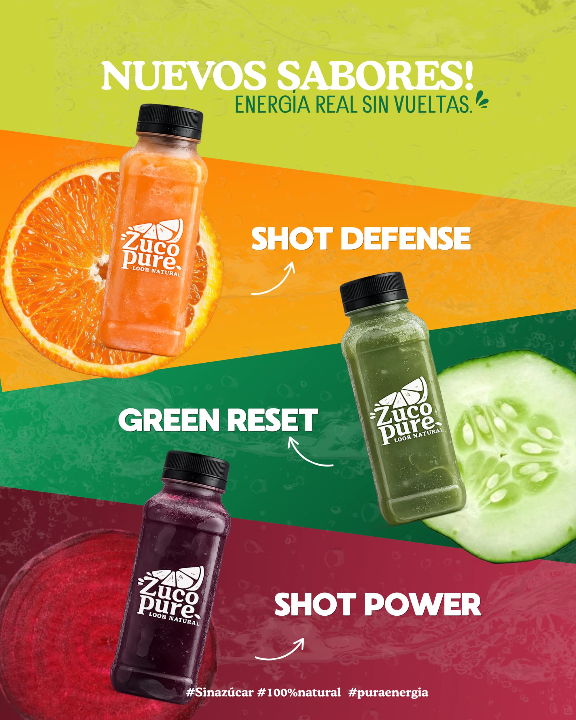 Flyer de nuevos sabores: tres botellas de jugo sobre bandas de color, con el nombre de cada shot